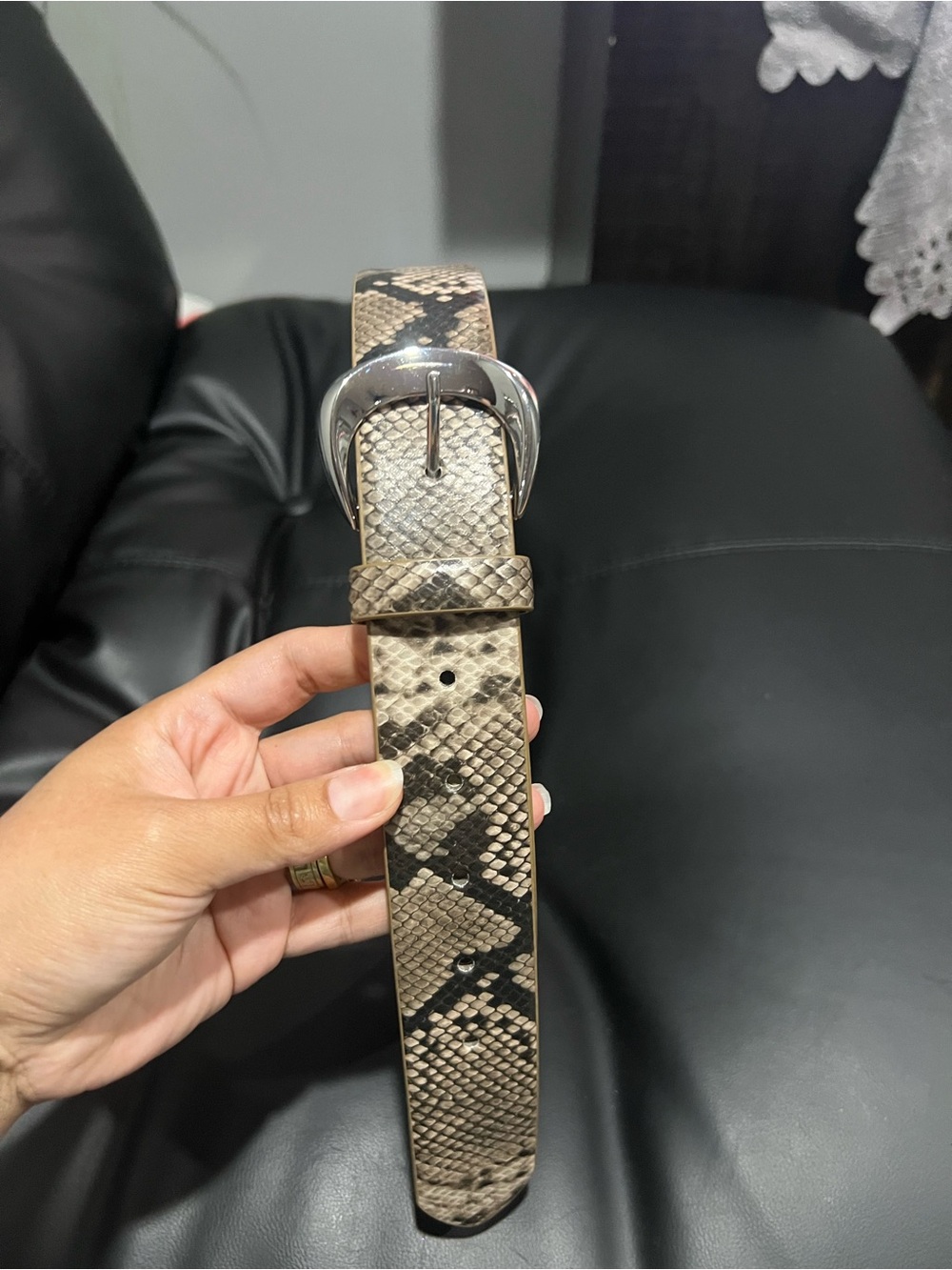 Women's Snake-Print Leather Belt in Beige and black with Silver Buckle